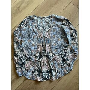 LAVENDER BROWN Silk Blouse XS Blue Pink Floral Print Made in USA